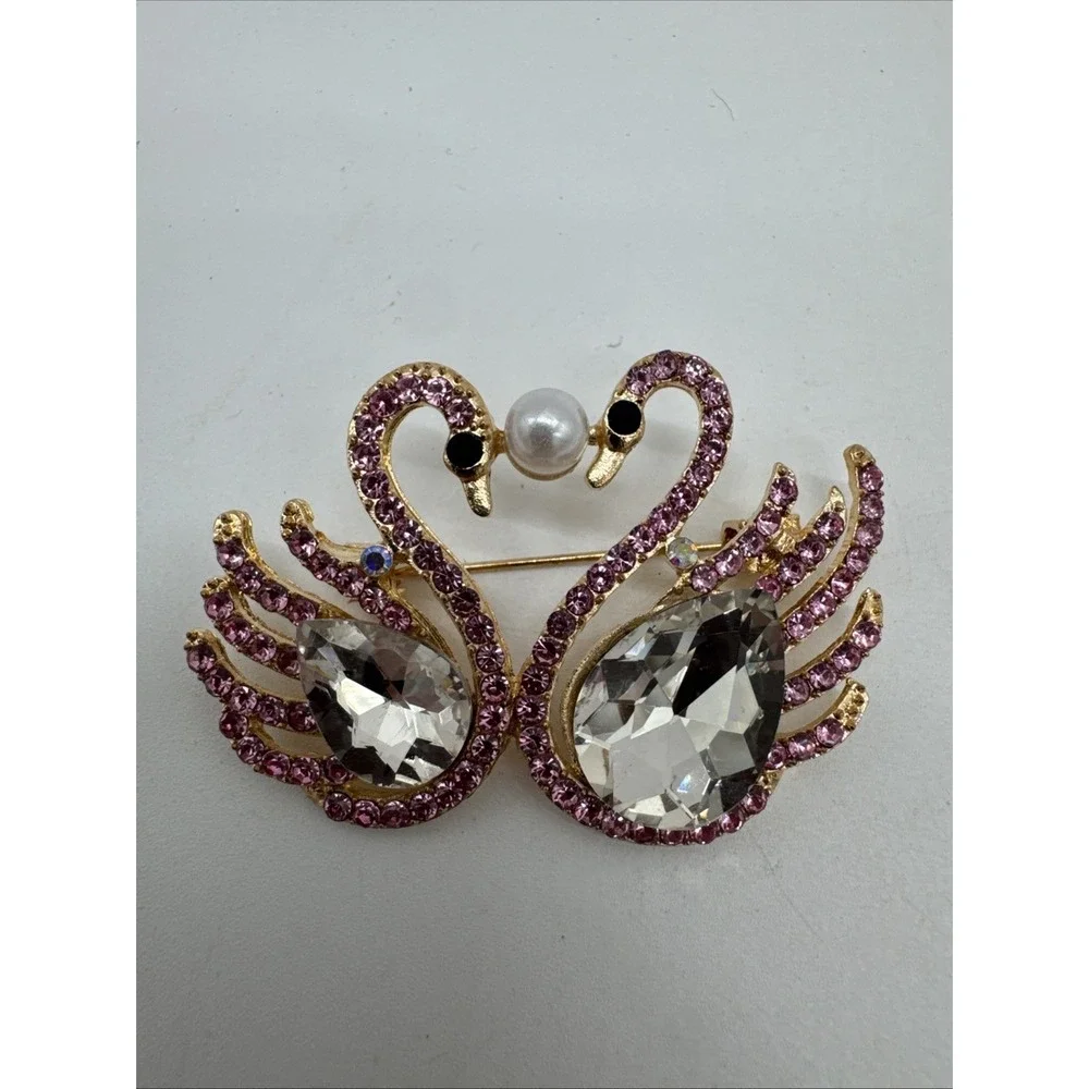 Pin Pair Of Swans Pink & Clear Crystal Faux Pearl Black Bead Gold Tone Brooch